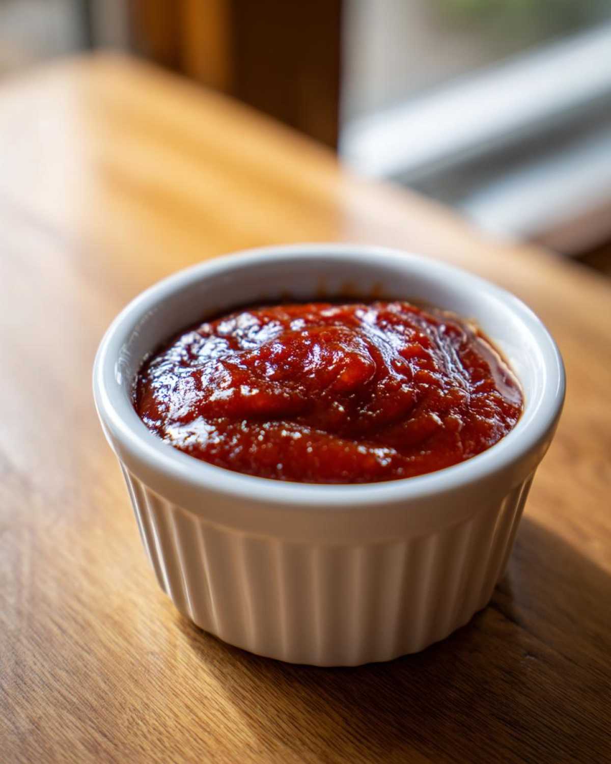 A small white ramekin filled with thick, rich Copycat Chick-fil-A Honey Roasted BBQ Sauce on a wooden table.