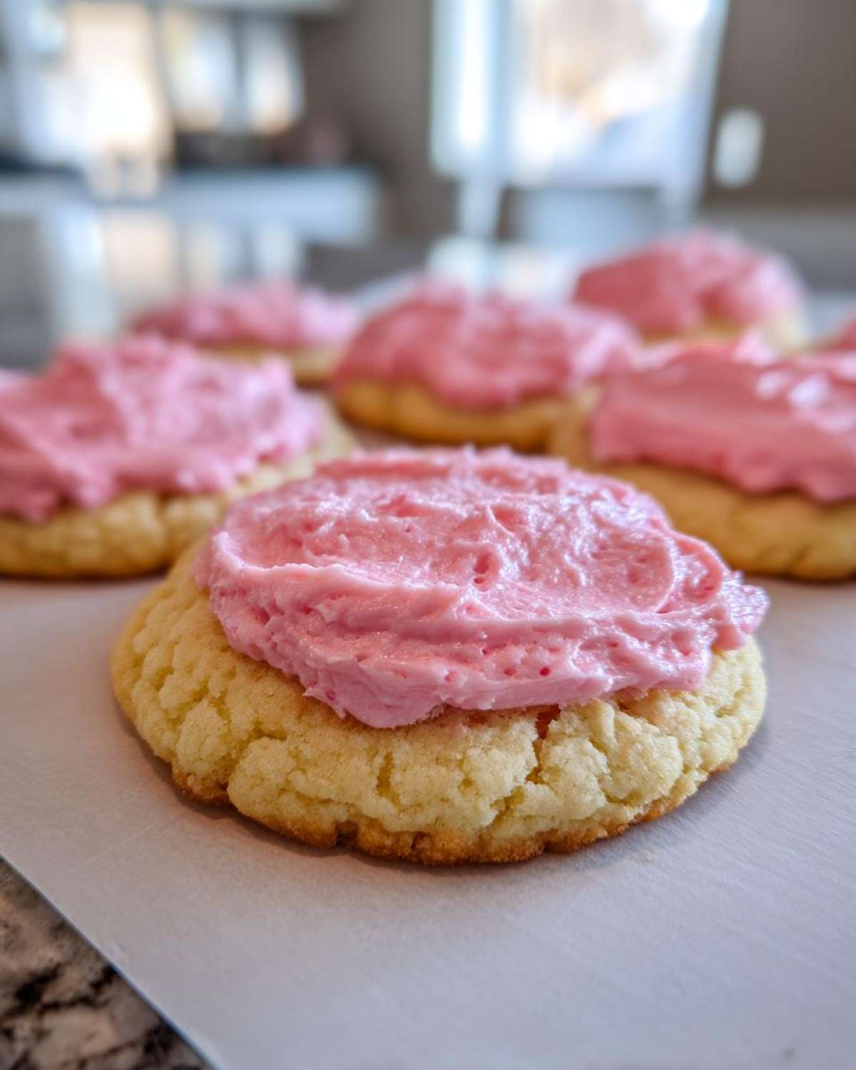 A close-up of a thick, soft Copycat Crumbl Sugar Cookie topped with vibrant pink frosting.