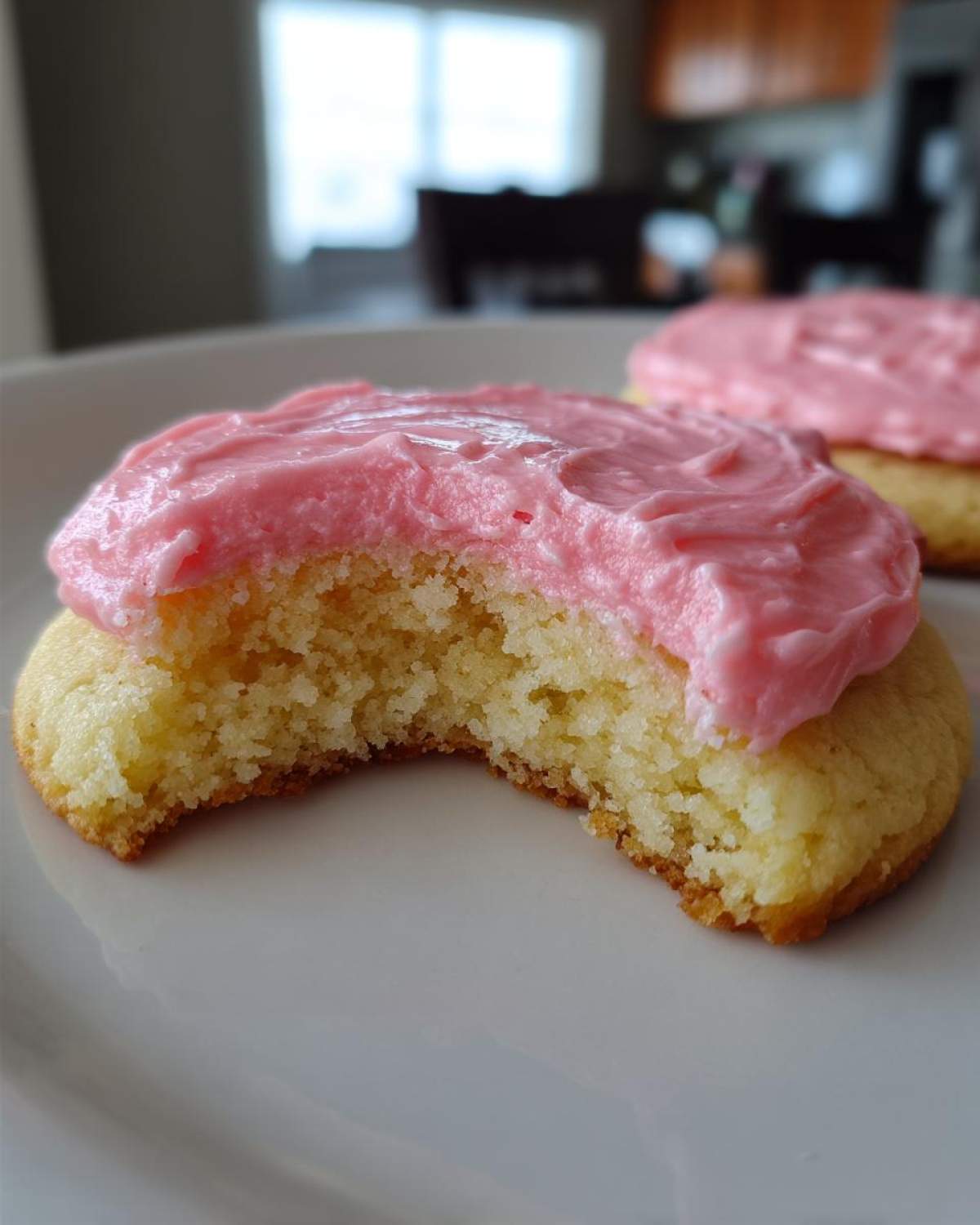 Close-up of a Copycat Crumbl Sugar Cookie with Pink Frosting, showing the soft, cakey interior after a bite was taken.