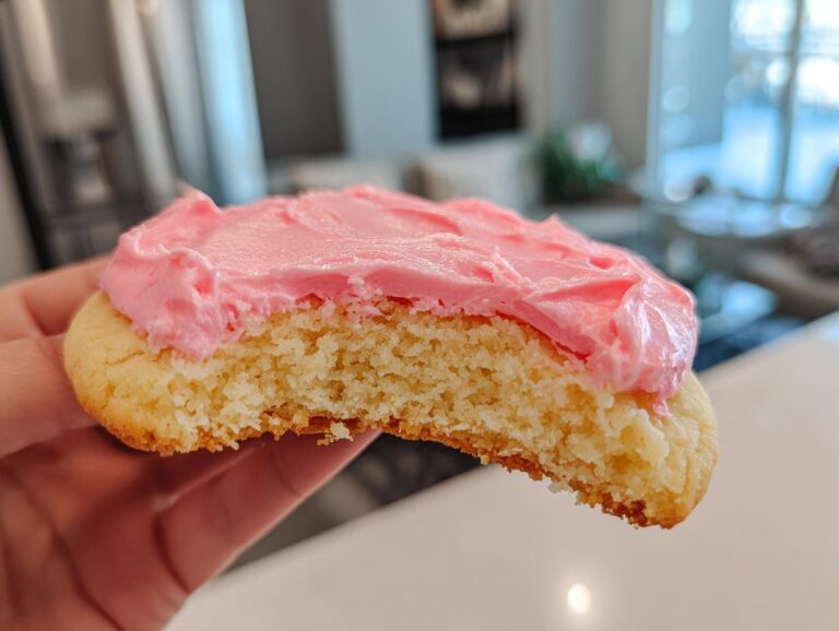 Close-up of a hand holding a bitten Copycat Crumbl Sugar Cookie with thick, bright pink frosting.