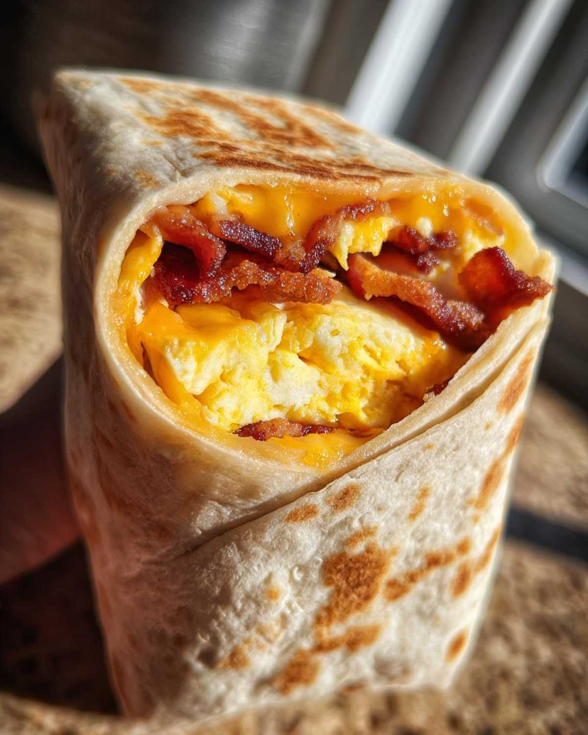 Close-up of a perfectly wrapped Copycat Dunkin' Wake-Up Wrap filled with fluffy eggs, bacon, and melted cheese.