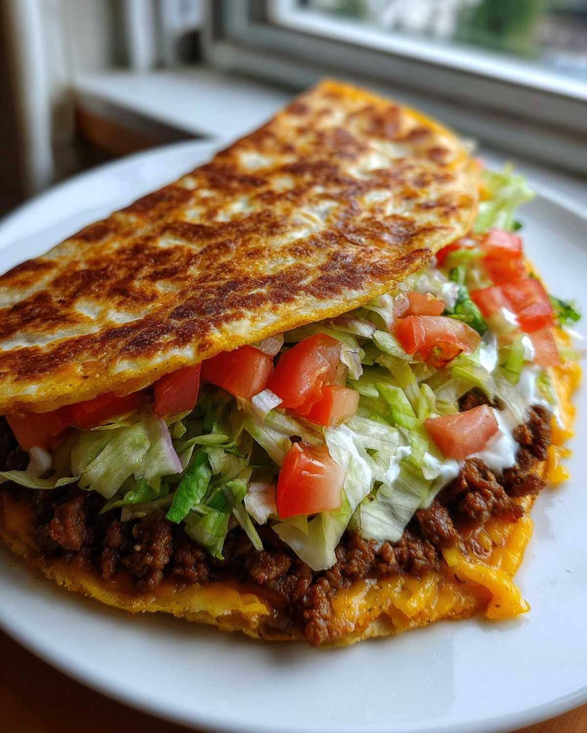 A golden-brown, folded tortilla filled with seasoned beef, melted cheese, lettuce, tomatoes, and sour cream, resembling a Copycat Taco Bell Crunchwrap Supreme.