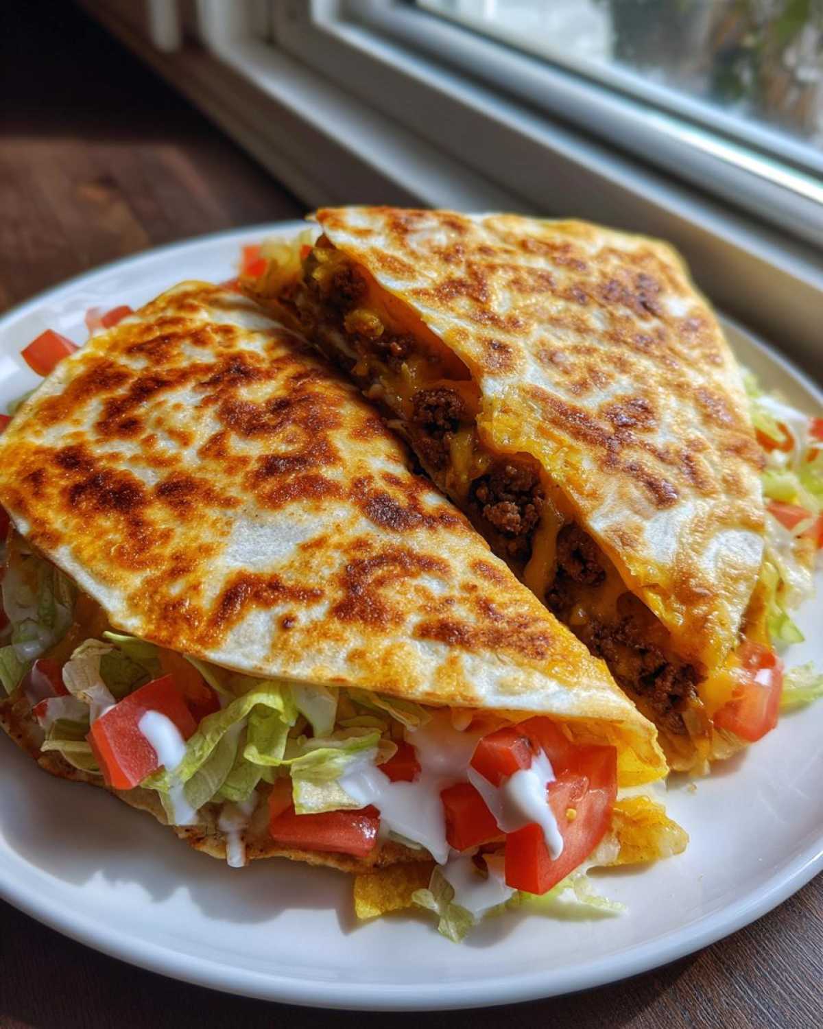 Two halves of a golden-brown Copycat Taco Bell Crunchwrap Supreme filled with seasoned beef, cheese, lettuce, tomatoes, and sour cream.