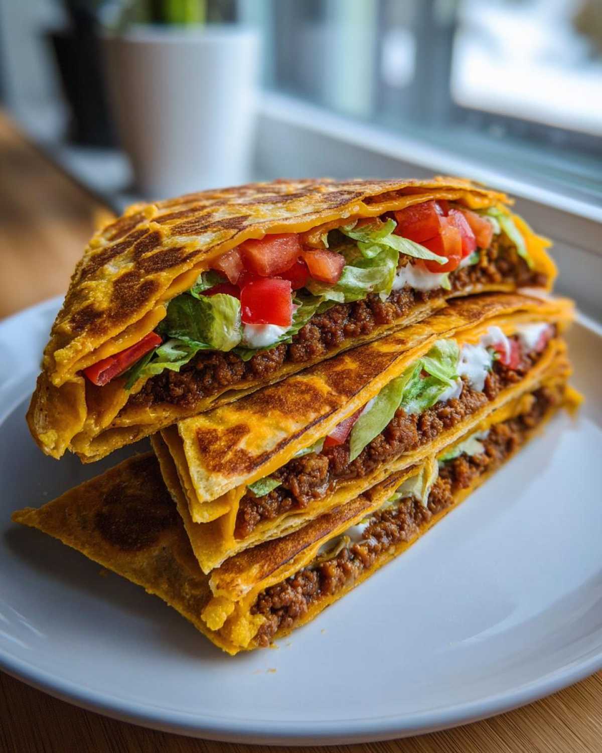 Two halves of a Copycat Taco Bell Crunchwrap Supreme stacked on a white plate, showing seasoned beef, lettuce, tomatoes, and sour cream.