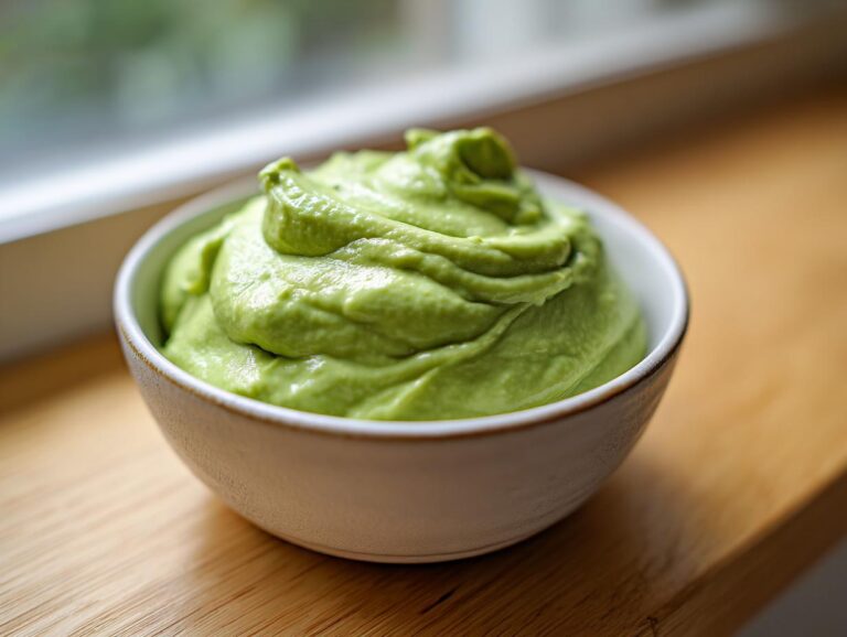 A small white bowl filled with bright green, thick and creamy avocado cilantro sauce.