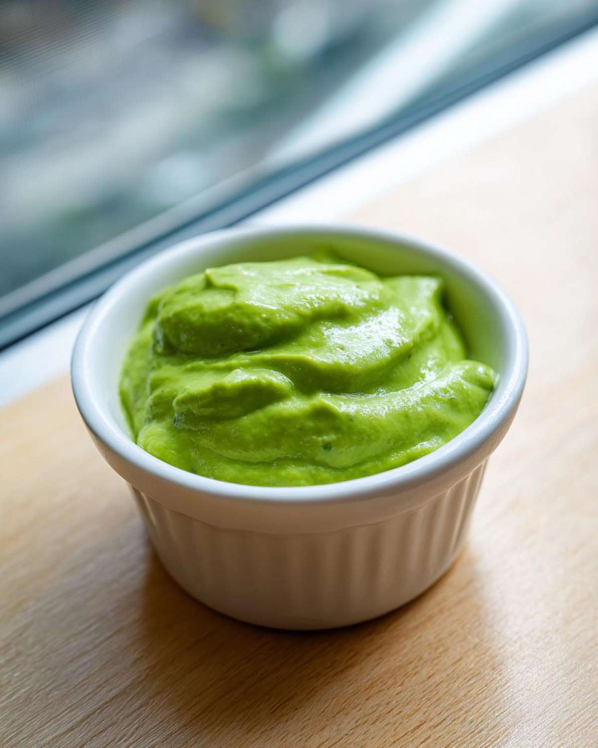 A small white ramekin filled with bright green, thick Creamy Avocado Cilantro Sauce, set on a wooden surface.
