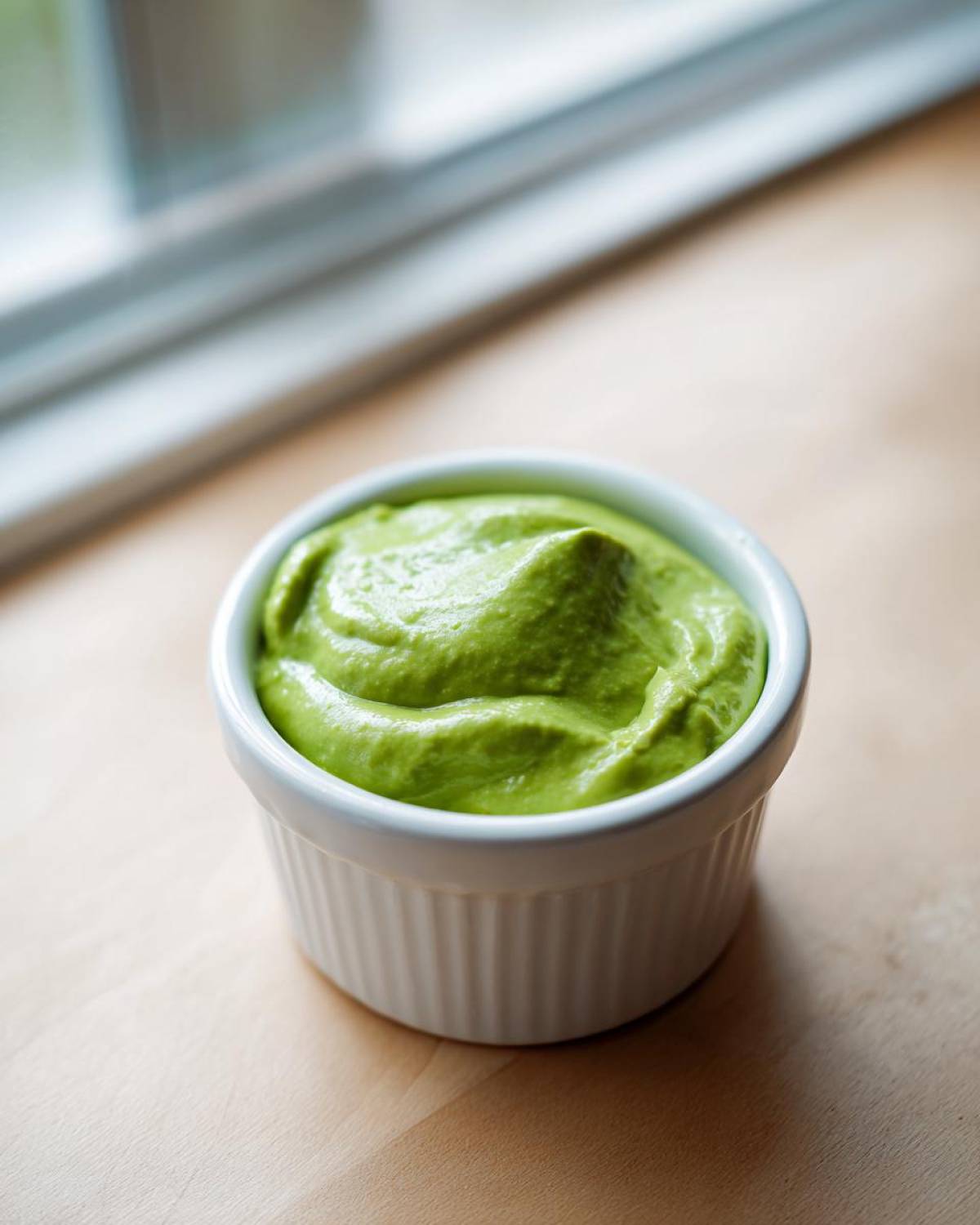 A vibrant green, thick Creamy Avocado Cilantro Sauce served in a small white ribbed ramekin on a light wooden surface.