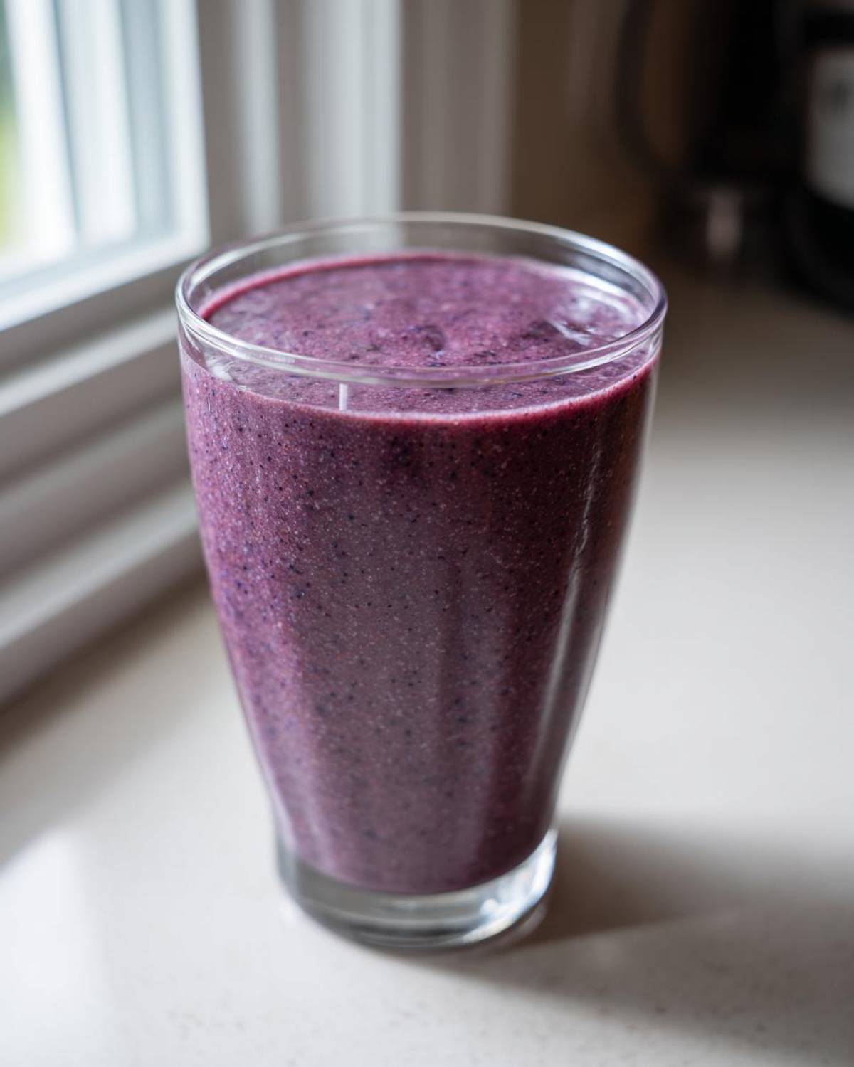 A tall glass filled with a thick, deep purple Creamy Blueberry Banana Smoothie sitting on a light countertop.