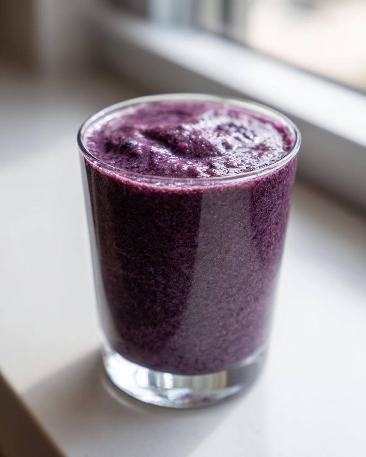 A close-up of a thick, deep purple Creamy Blueberry Banana Smoothie served in a clear glass.