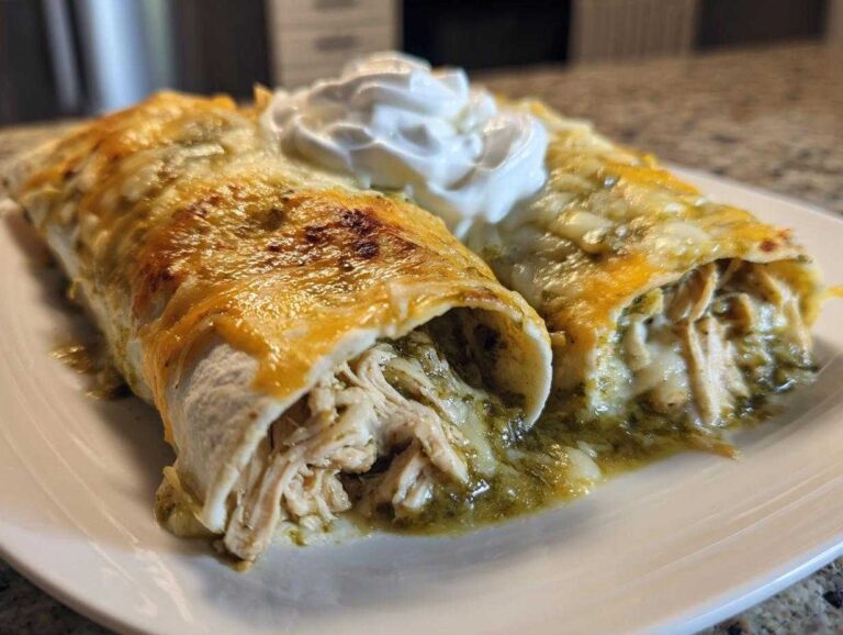Two baked Creamy White Chicken Enchiladas with Green Chile Sauce topped with melted cheese and sour cream.