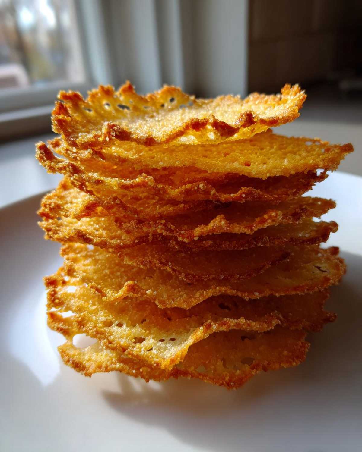 A tall stack of golden, lacy Crispy Oven Parmesan Potato Chips resting on a white plate.