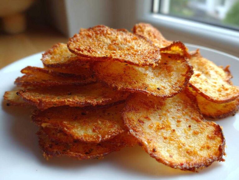 A close-up stack of golden brown, crispy oven parmesan potato chips seasoned with herbs on a white plate.