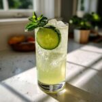 A tall glass filled with fizzy Cucumber Ginger Sparkling Water Cooler, garnished with a cucumber slice and mint.