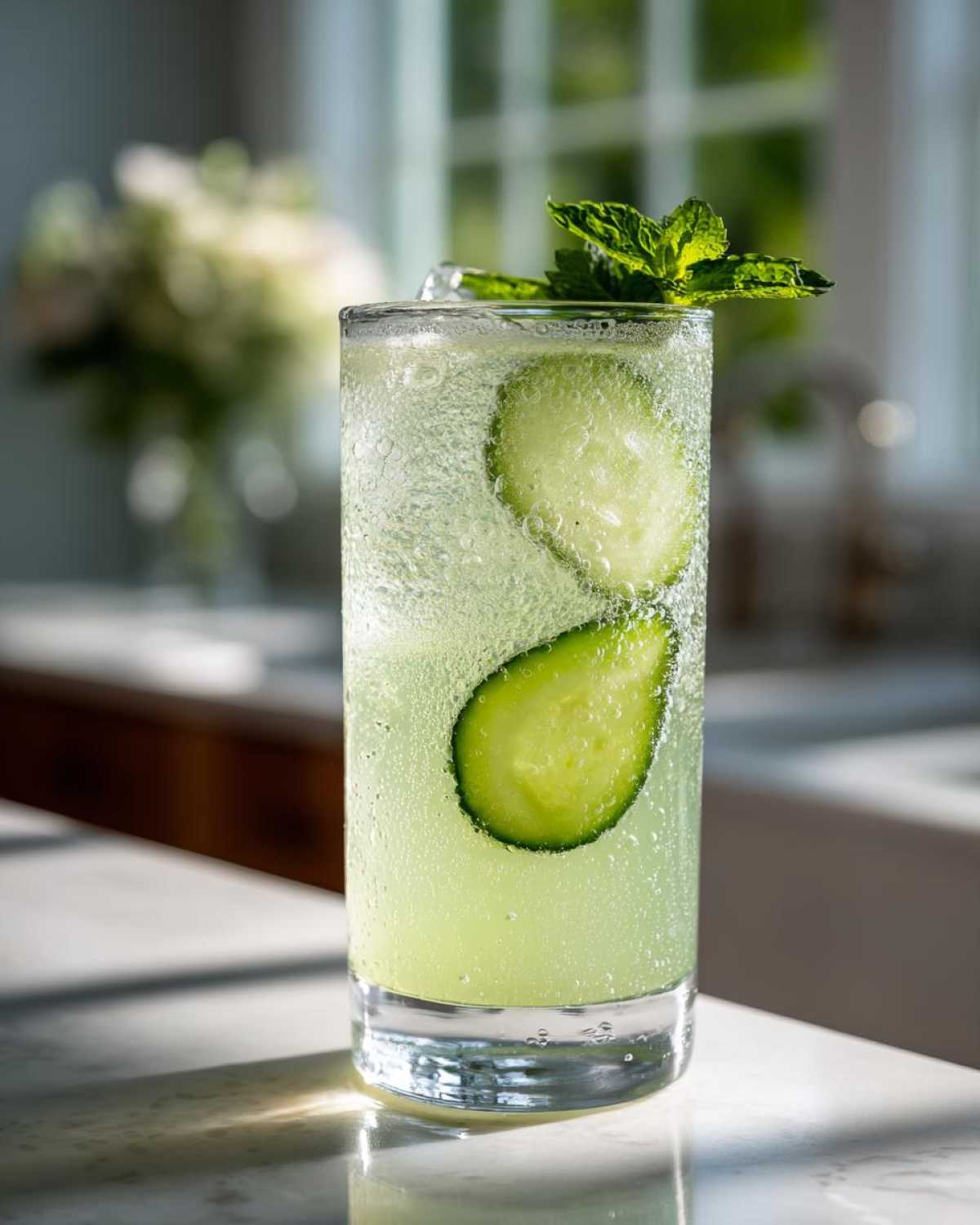 Close-up of a tall glass filled with bubbly Cucumber Ginger Sparkling Water Cooler, garnished with cucumber slices and mint.