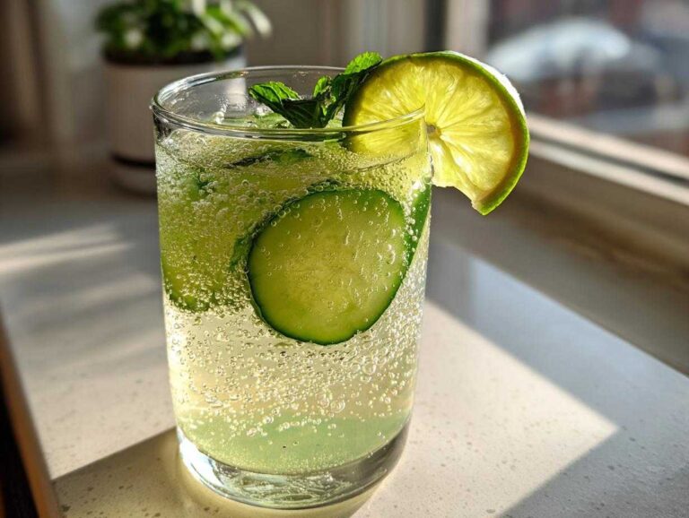 Close-up of a bubbly Cucumber Ginger Sparkling Water Cooler garnished with cucumber slices, mint, and lime.