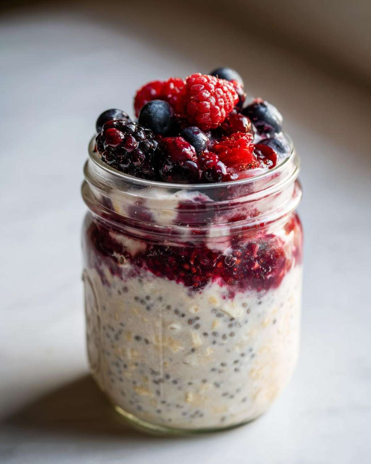 Close-up of Easy Berry Chia Overnight Oats layered with berry compote and topped with fresh mixed berries in a glass jar.