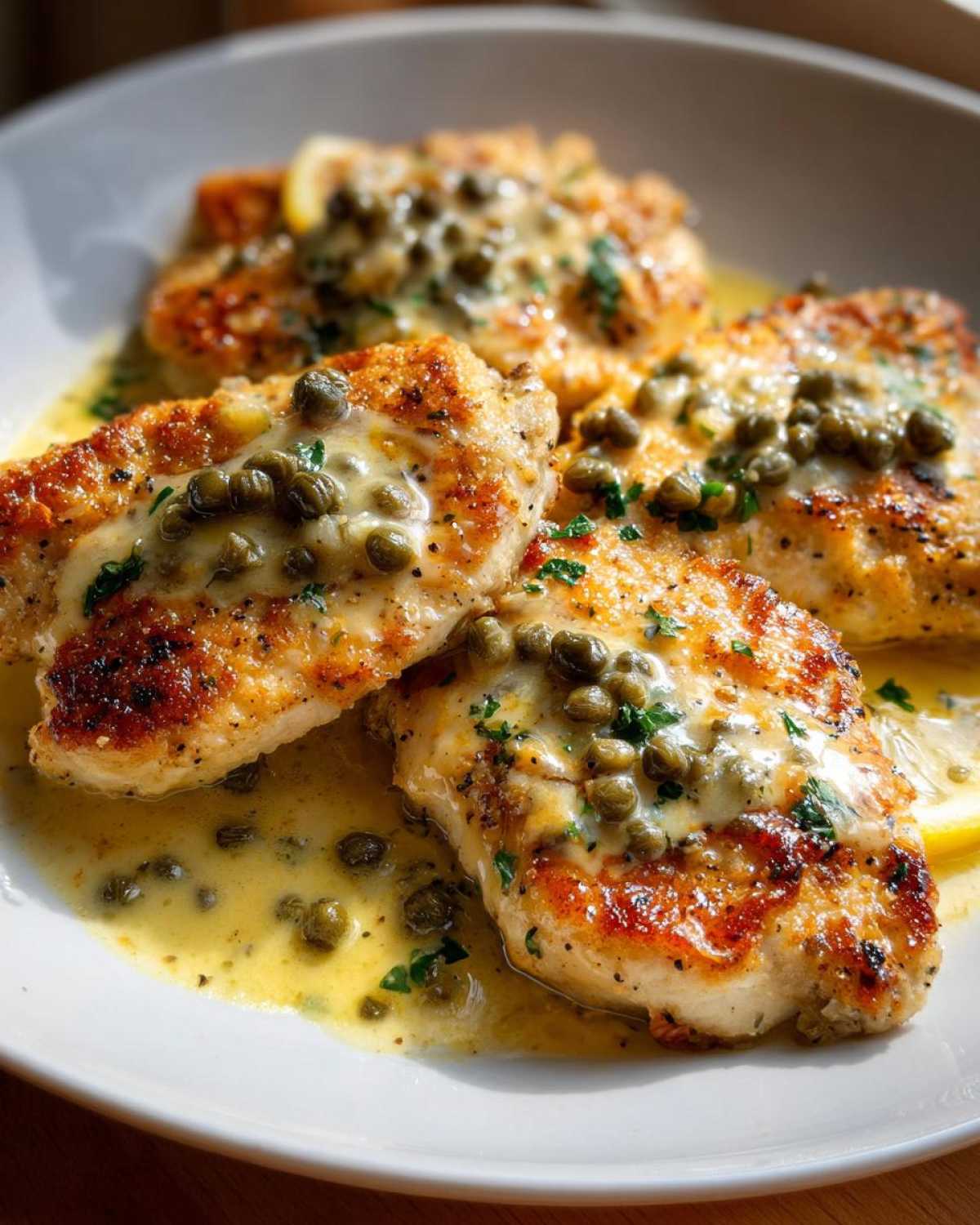 Four golden-brown chicken cutlets covered in a creamy lemon sauce and topped generously with capers for Easy Creamy Lemon Chicken Piccata.