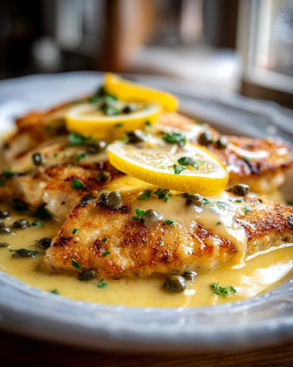 Close-up of pan-seared chicken breasts covered in creamy lemon sauce, capers, and lemon slices for Easy Creamy Lemon Chicken Piccata.