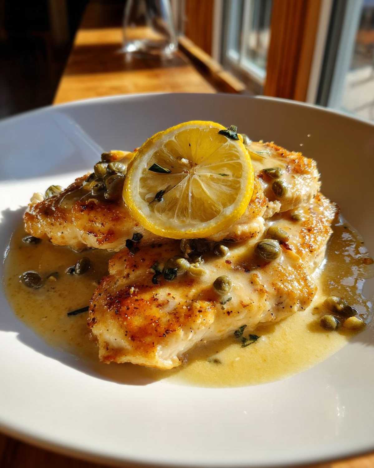 Close-up of pan-seared chicken breasts topped with creamy lemon sauce, capers, and a fresh lemon slice: Easy Creamy Lemon Chicken Piccata.