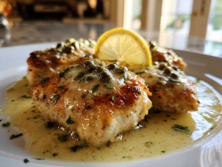 Close-up of pan-seared chicken breasts covered in creamy lemon sauce, capers, and parsley, garnished with a lemon slice. Easy Creamy Lemon Chicken Piccata.