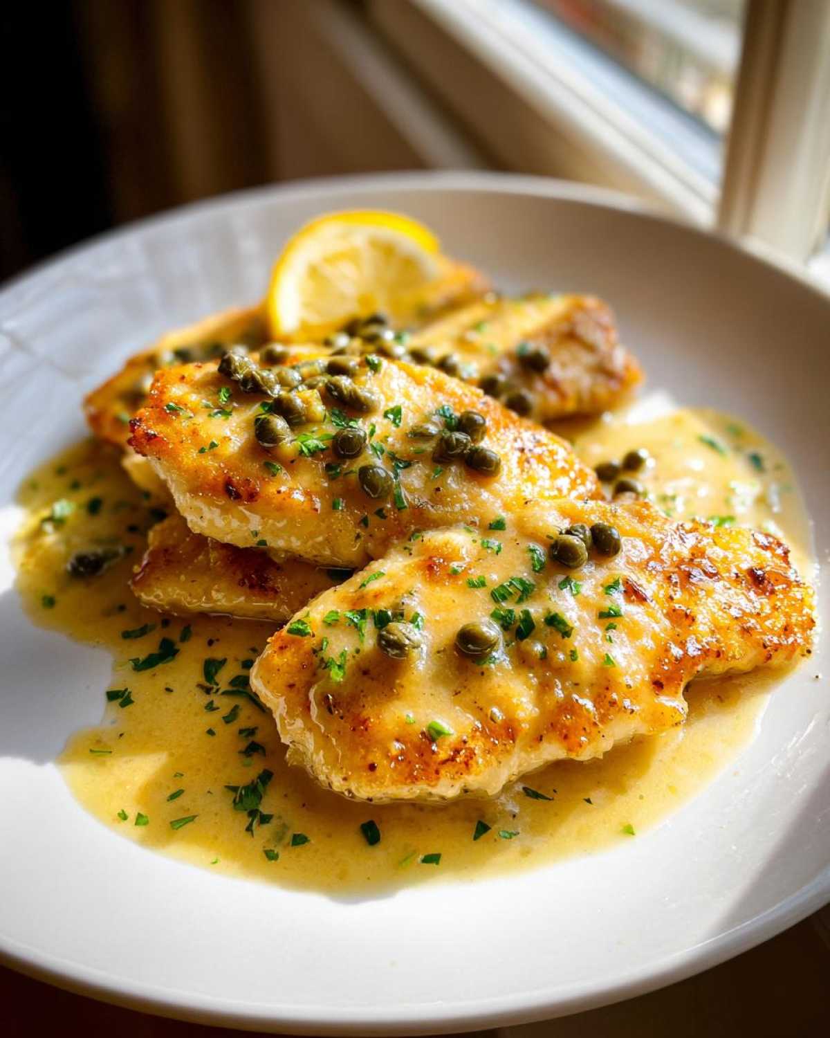 Close-up of pan-seared chicken cutlets covered in a creamy lemon sauce, capers, and parsley, served on a white plate.