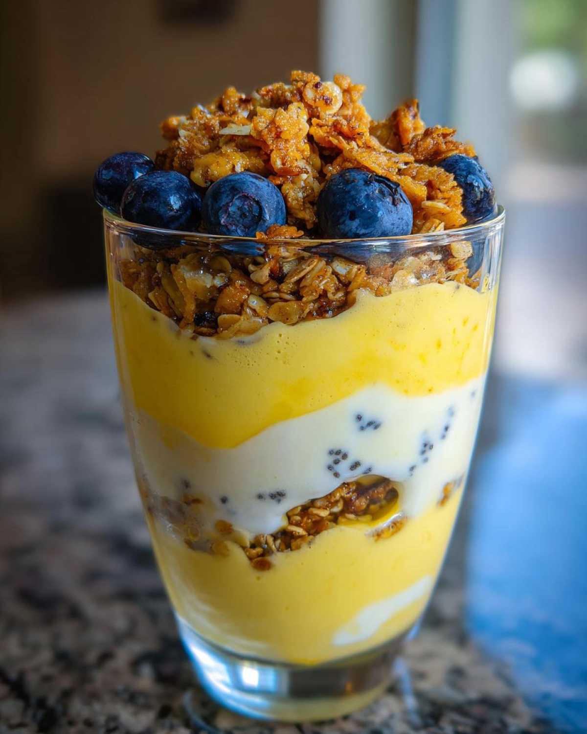 Close-up of an Easy Lemon Poppy Seed Yogurt Parfait layered with yellow cream, white yogurt, granola, and topped with fresh blueberries.