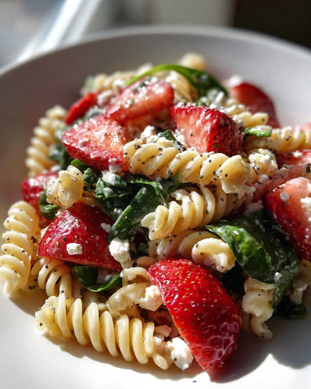 Close-up of Easy Strawberry Spinach Pasta Salad with Feta, featuring rotini pasta, bright red strawberries, and spinach.