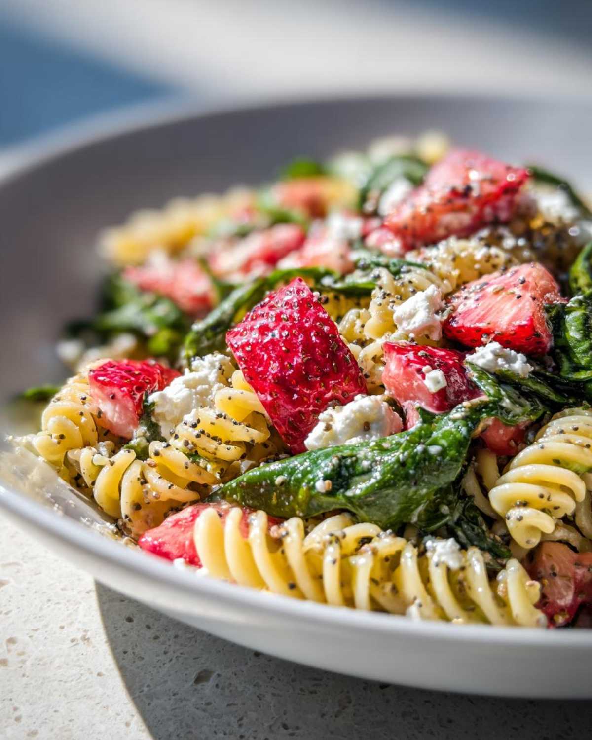 Close-up of Easy Strawberry Spinach Pasta Salad with Feta, featuring rotini pasta, bright red strawberries, spinach, and feta cheese.