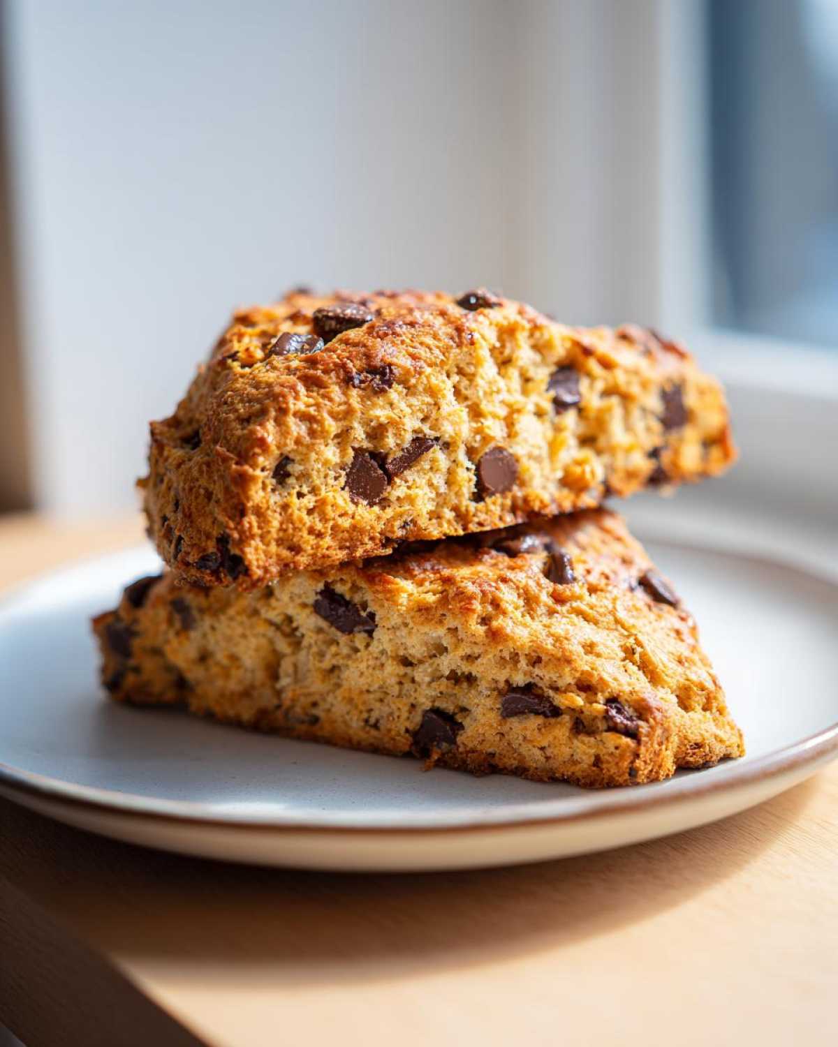 Two golden-brown Gluten-Free Chocolate Chip Scones stacked on a light ceramic plate near a window.