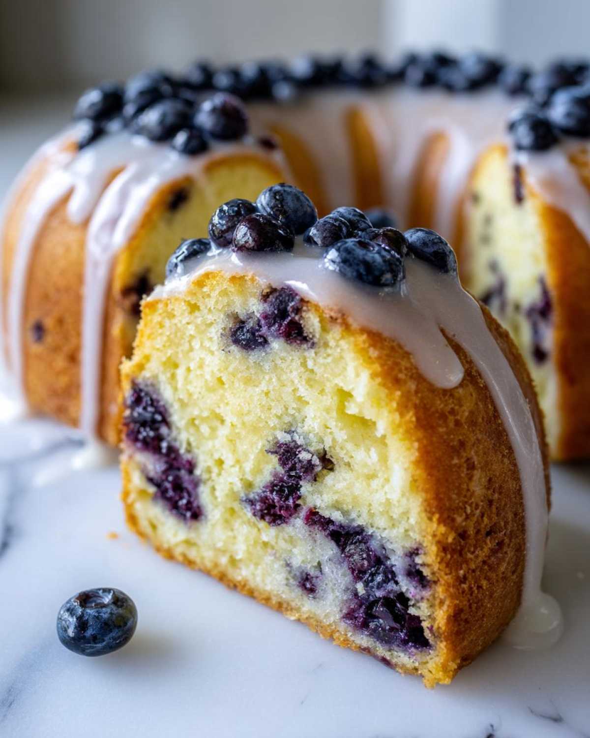 A close-up slice of moist Gluten-Free Lemon Blueberry Bundt Cake topped with white glaze and fresh blueberries.