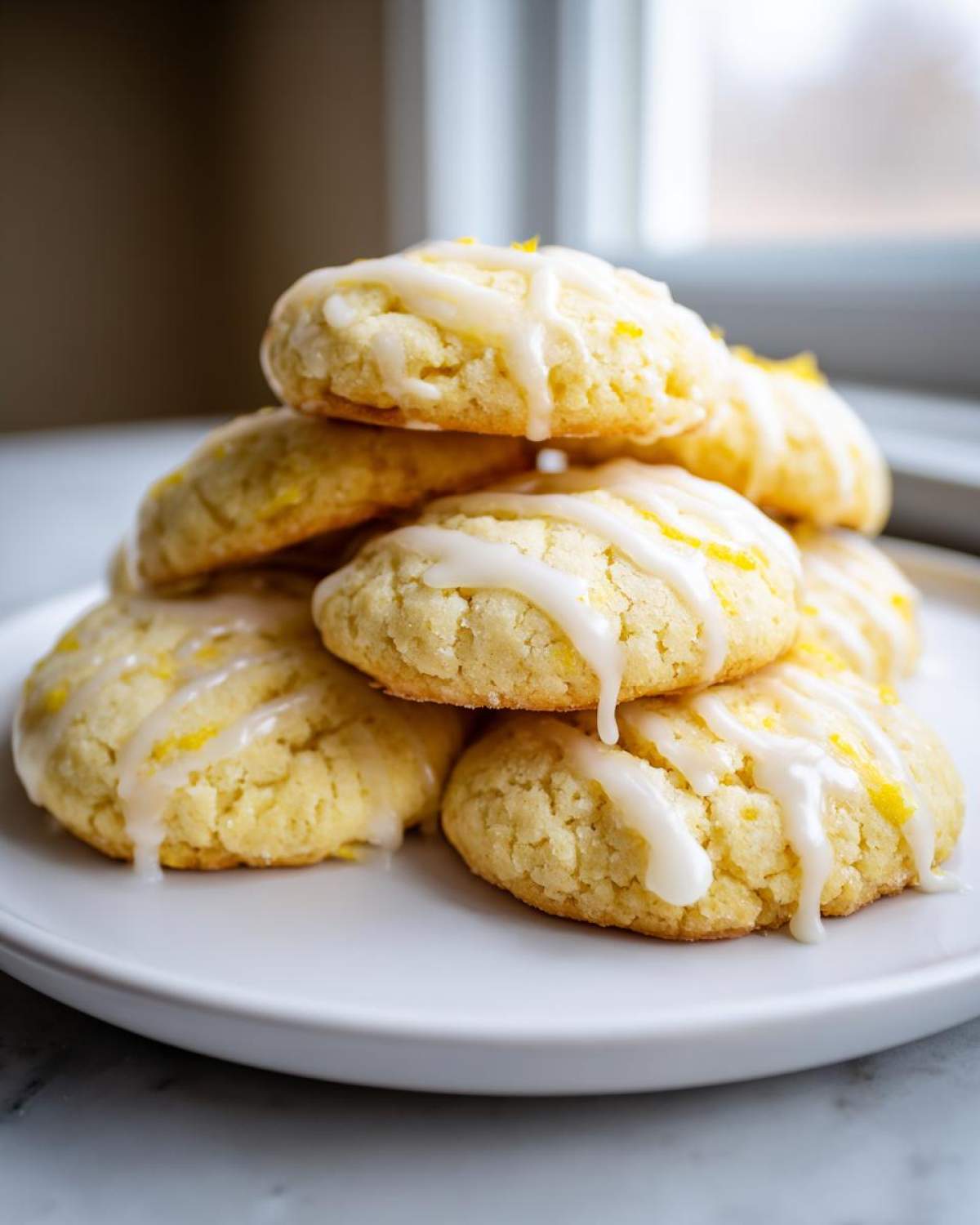 A stack of soft Gluten-Free Lemon Ricotta Cookies drizzled with white lemon glaze and topped with zest.