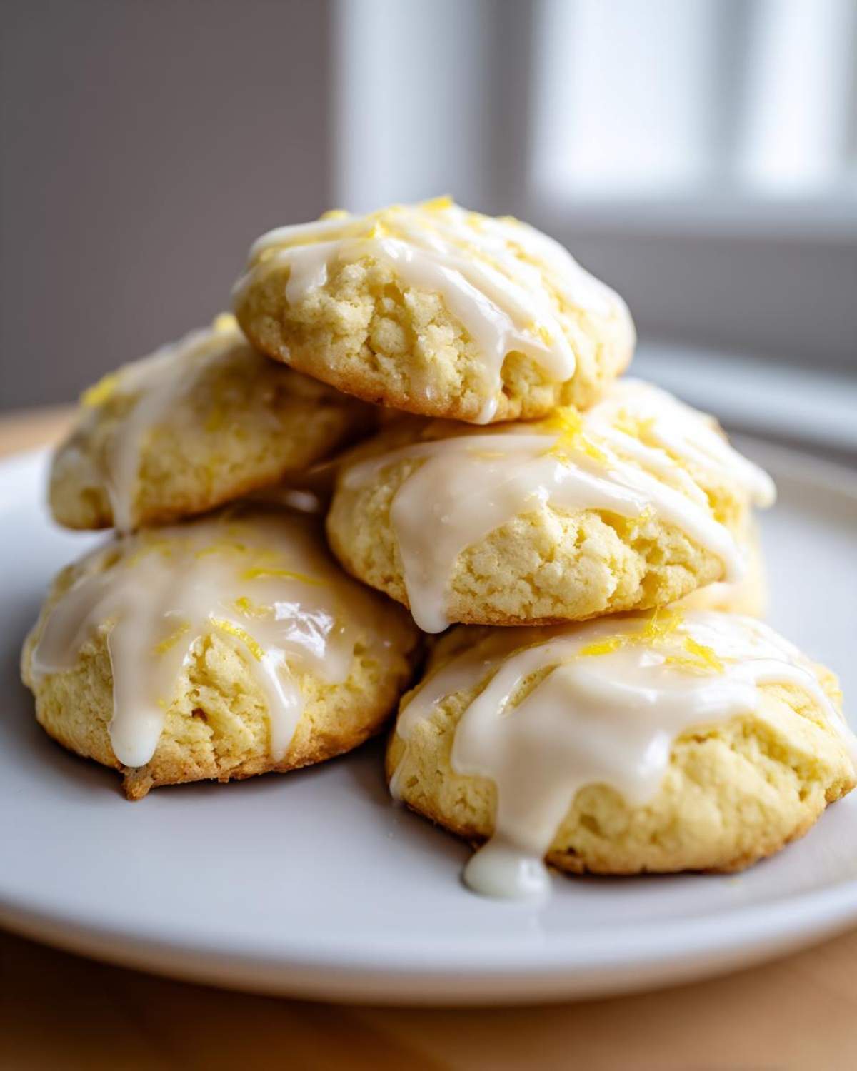A stack of soft Gluten-Free Lemon Ricotta Cookies drizzled with a thick white lemon glaze and topped with zest.