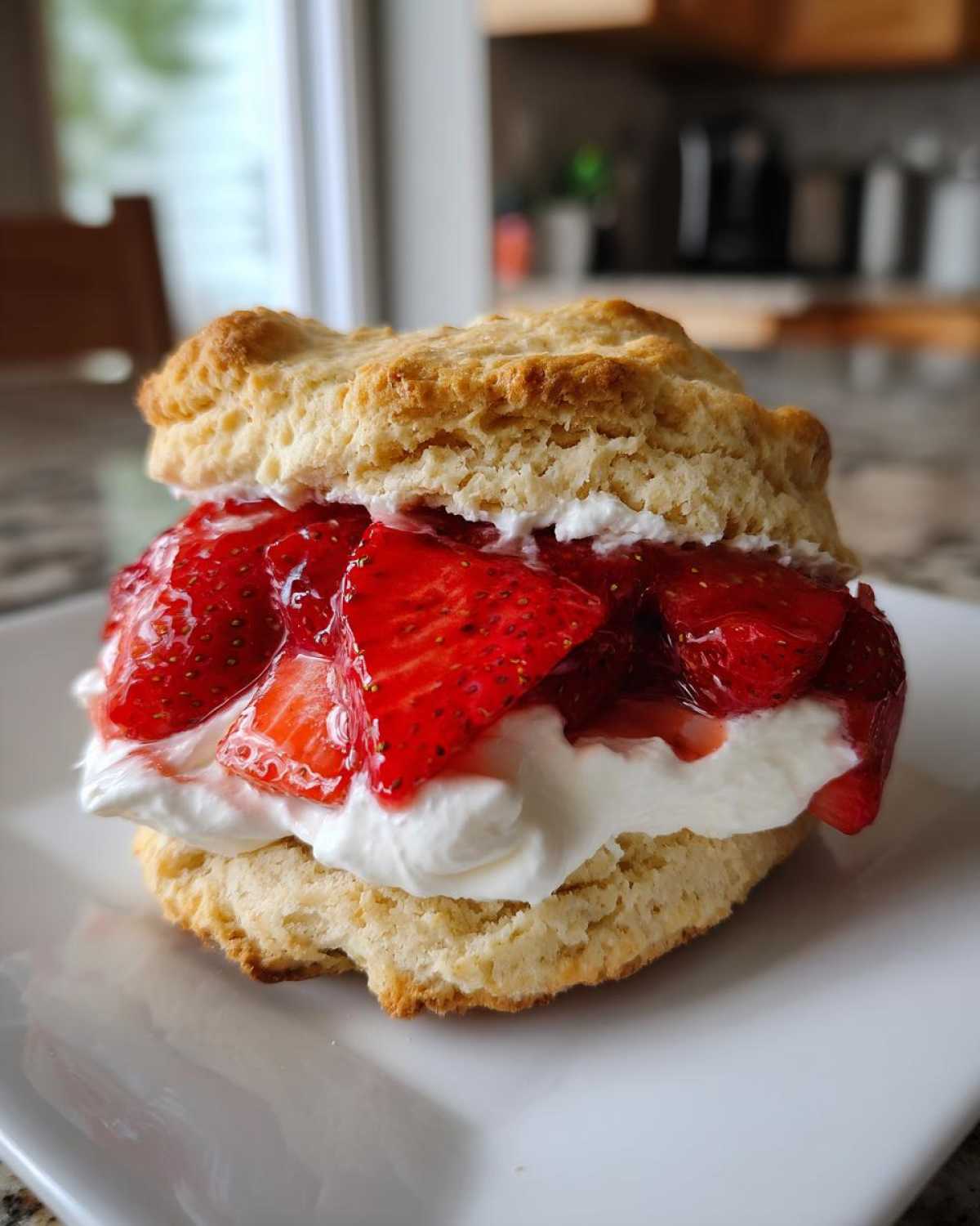 A close-up of a Gluten-Free Strawberry Shortcake Biscuit split and filled with whipped cream and macerated strawberries.