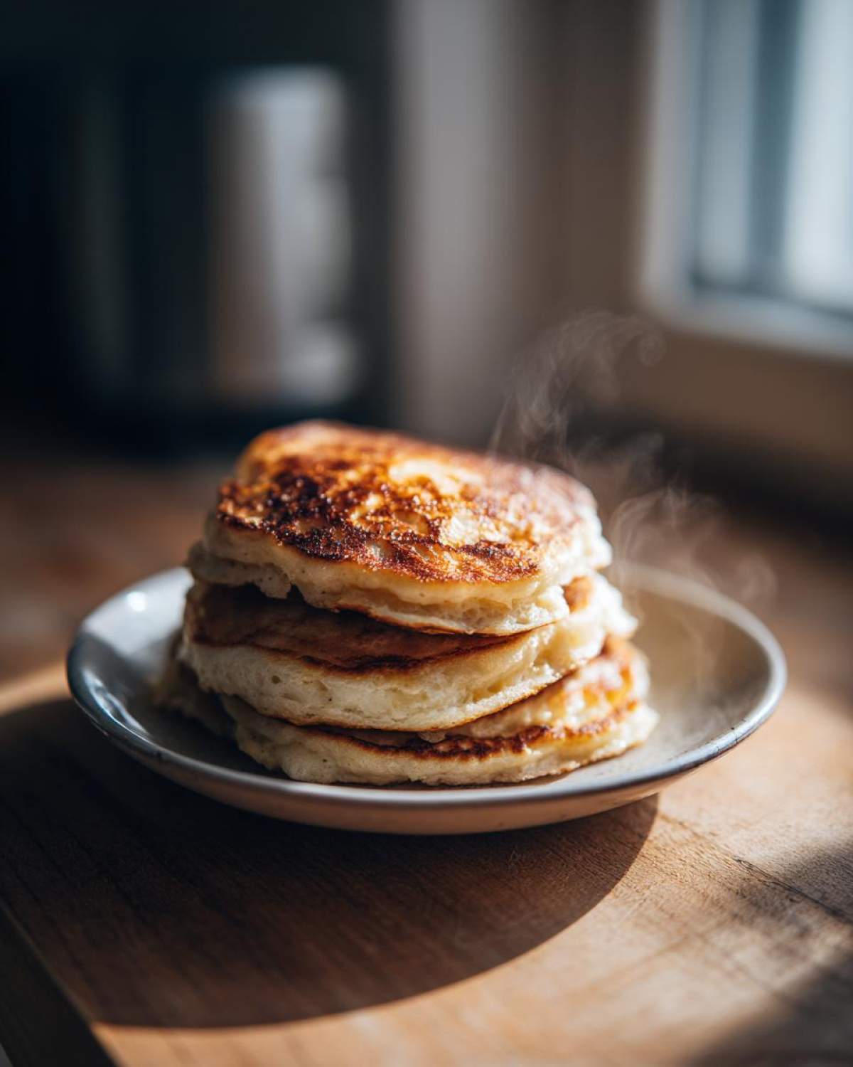A stack of four freshly cooked, steaming High-Protein Cottage Cheese Pancakes on a small plate.