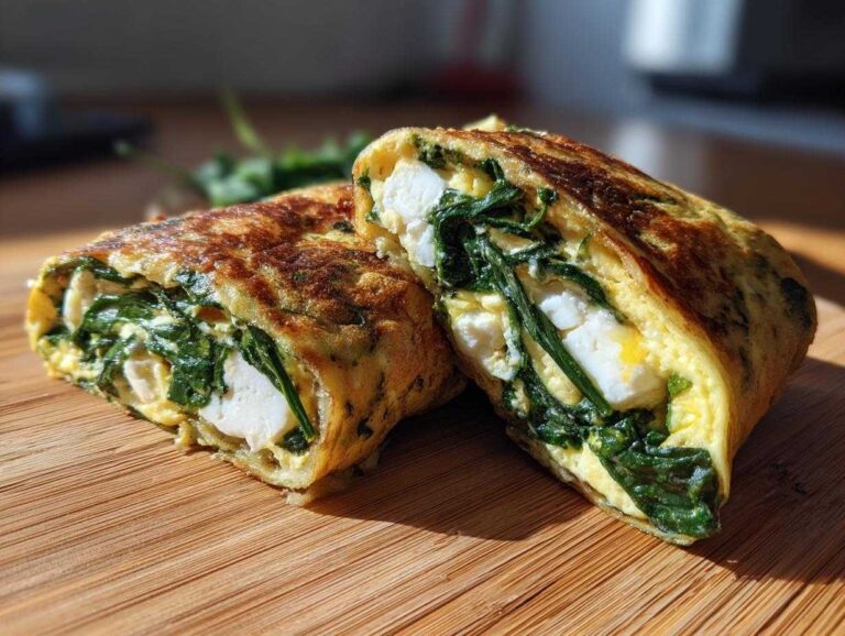 Two halves of a High-Protein Egg White Breakfast Wrap filled with spinach and white cheese, resting on a wooden board.