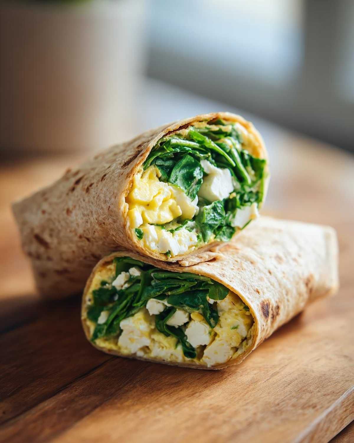 Cross-section of a High-Protein Egg White Breakfast Wrap filled with scrambled egg whites, spinach, and feta cheese.