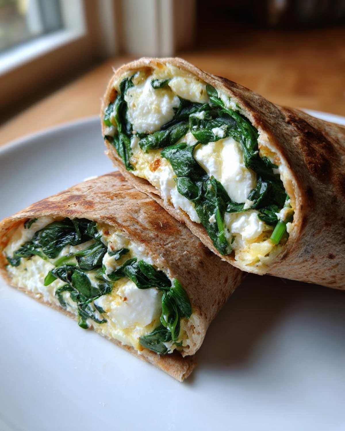 Cross-section view of a High-Protein Egg White Breakfast Wrap filled with spinach and white cheese.
