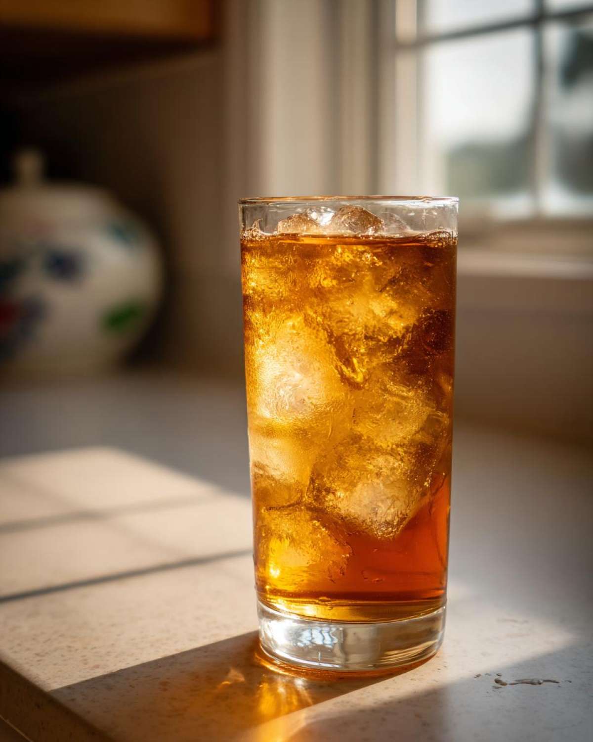 Tall glass filled with golden Iced Peach Green Tea and lots of ice, illuminated by sunlight.