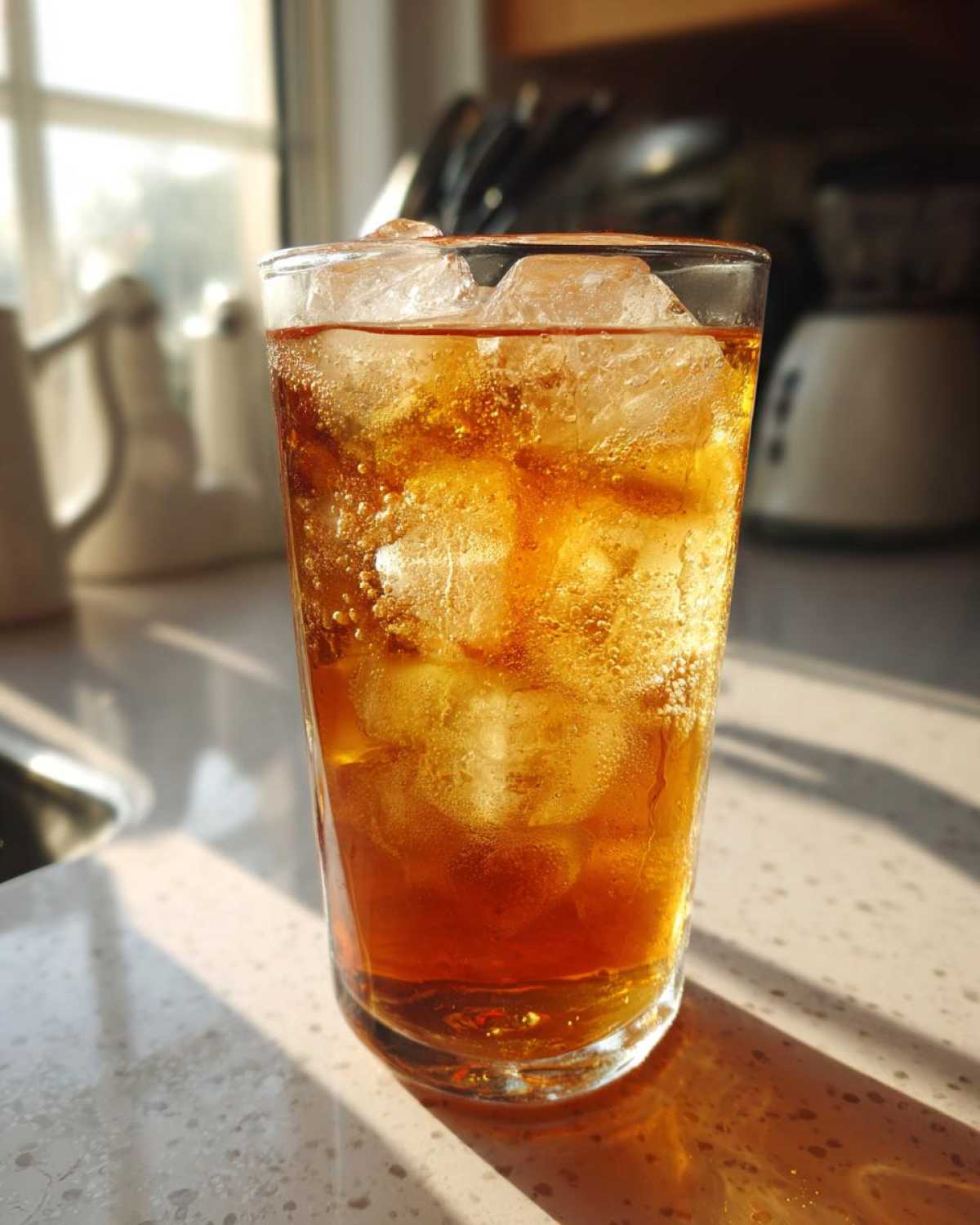 A tall glass filled with Iced Peach Green Tea and large ice cubes, sitting on a sunlit countertop.