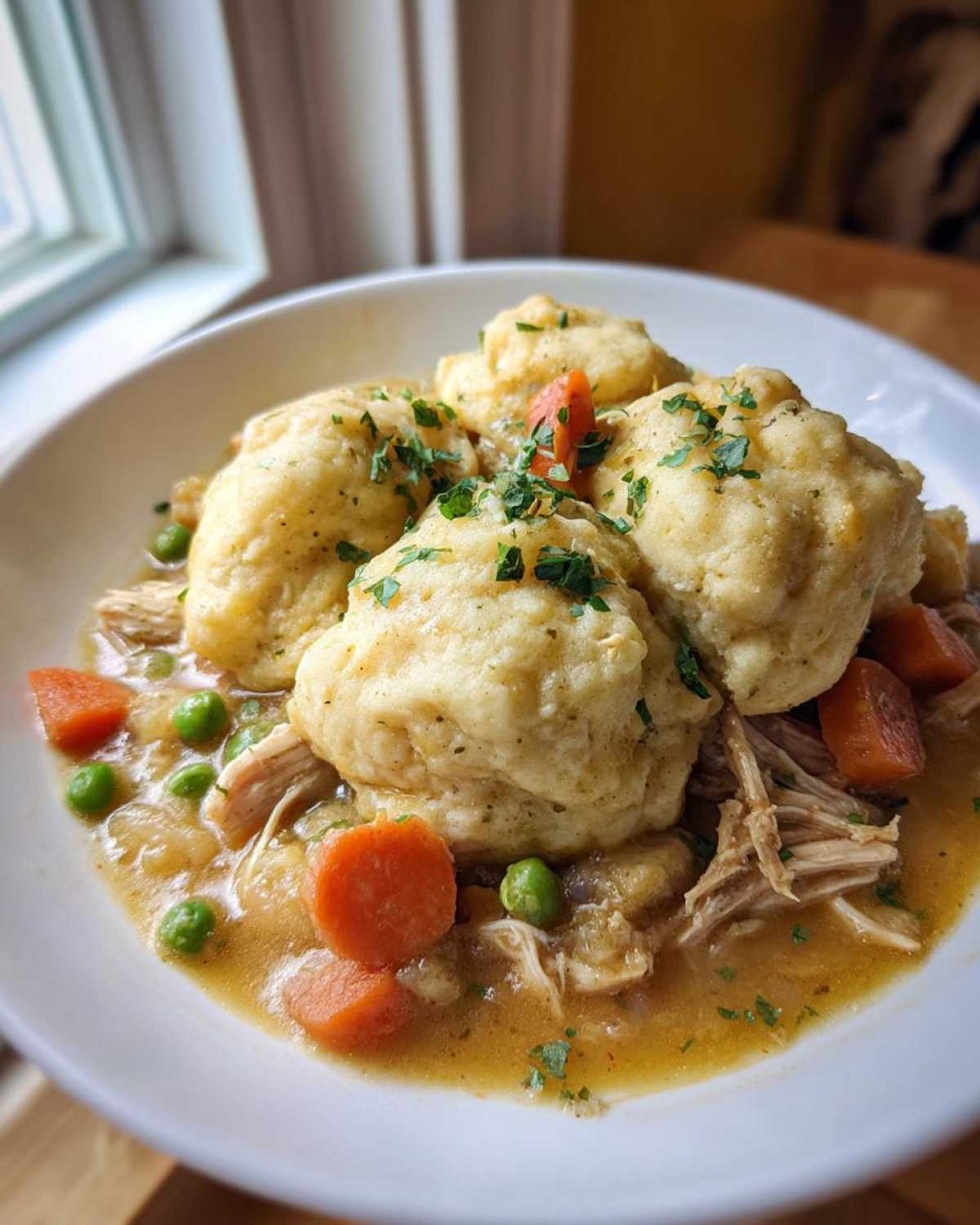 A close-up of Instant Pot Chicken and Dumplings featuring fluffy dumplings over shredded chicken, carrots, and peas in savory broth.