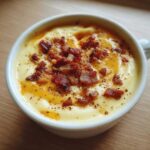 Close-up of rich Instant Pot Creamy Potato Soup with Bacon topping served in a white mug.
