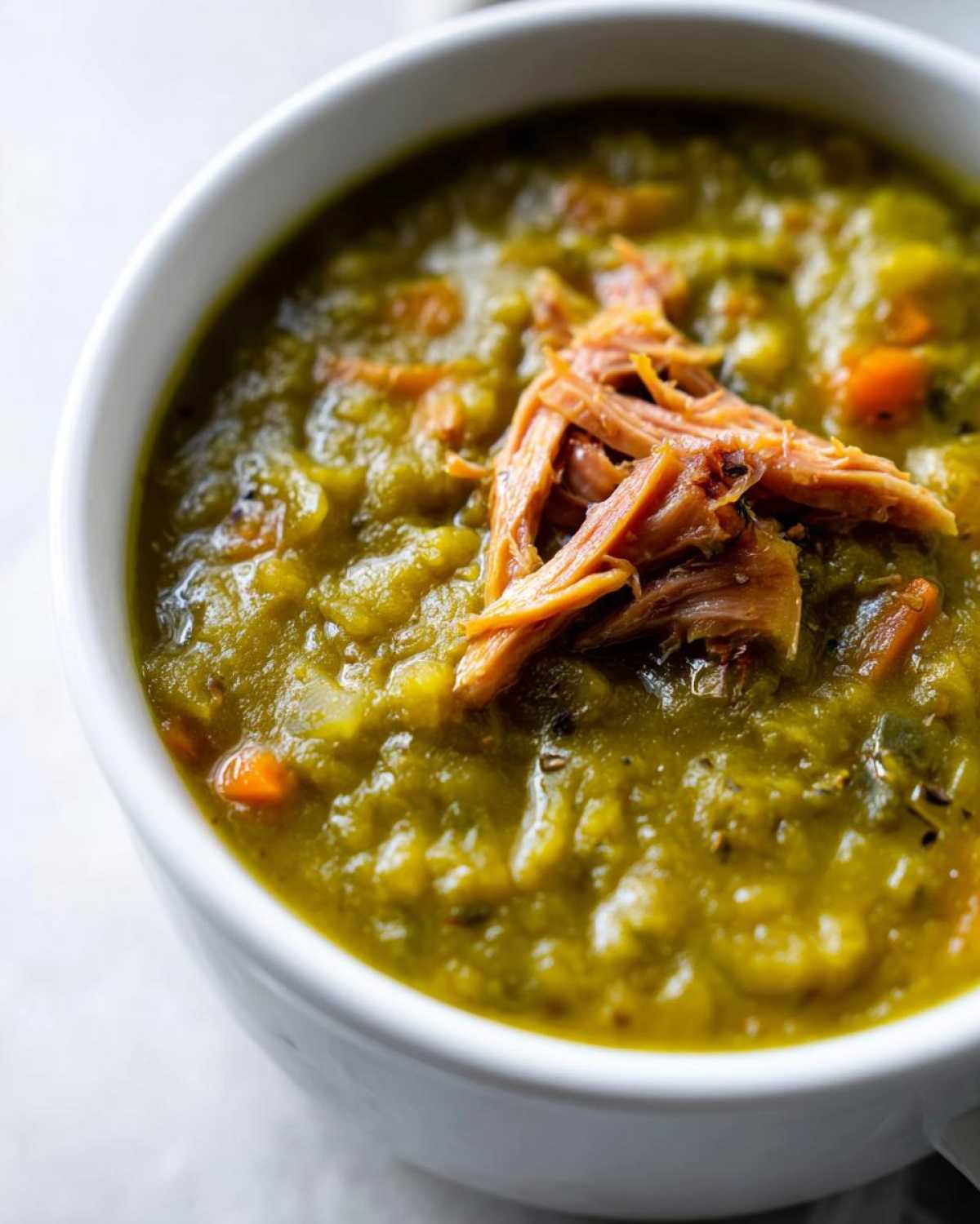 Close-up of thick, green Instant Pot Split Pea Soup with Smoked Turkey shreds on top in a white bowl.