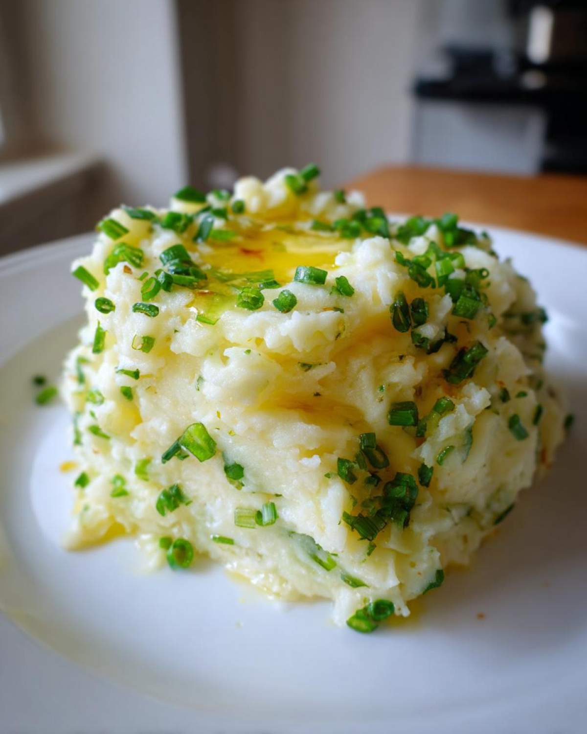 A mound of creamy Irish Champ Mashed Potatoes with Scallions topped with melted butter and fresh green scallions.