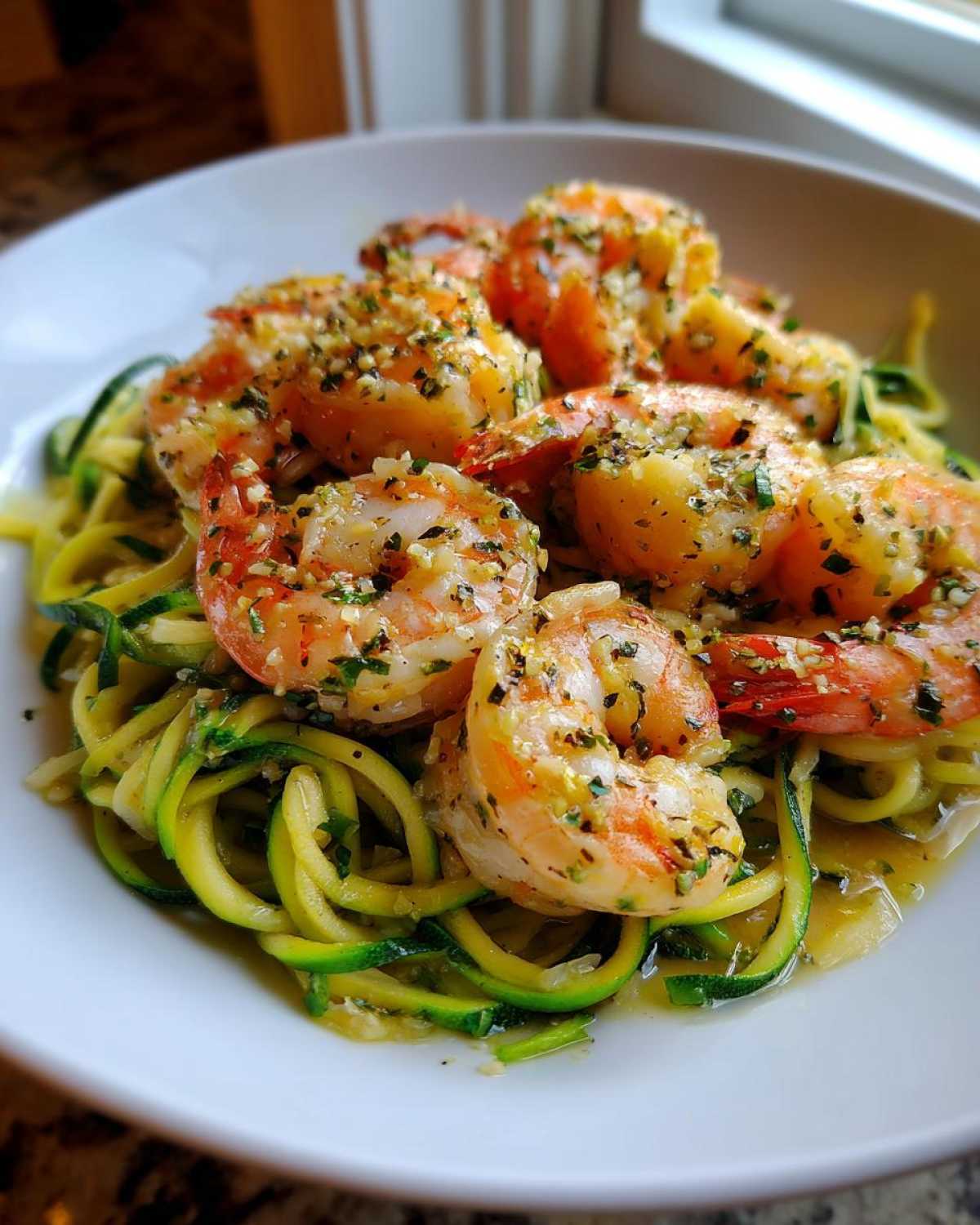 Close-up of Keto Shrimp Scampi Zucchini Noodles topped with large, seasoned shrimp in a white bowl.