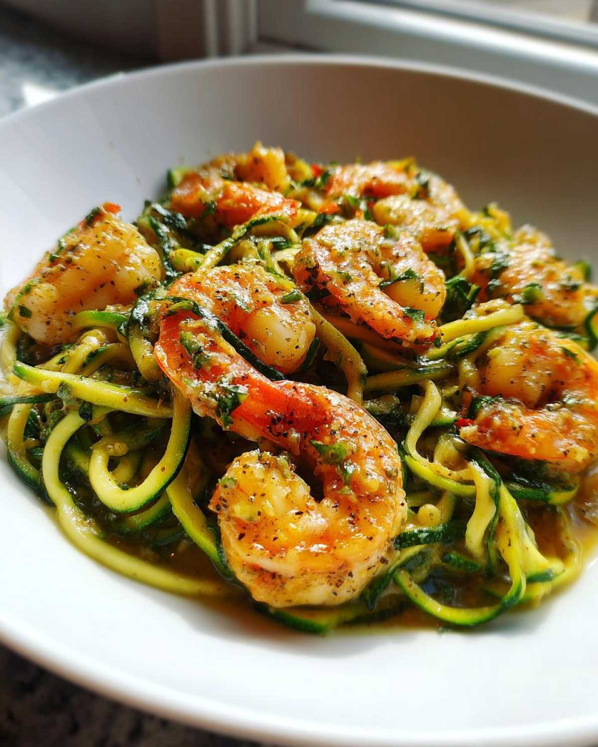 Close-up of Keto Shrimp Scampi Zucchini Noodles tossed in garlic butter sauce in a white bowl.