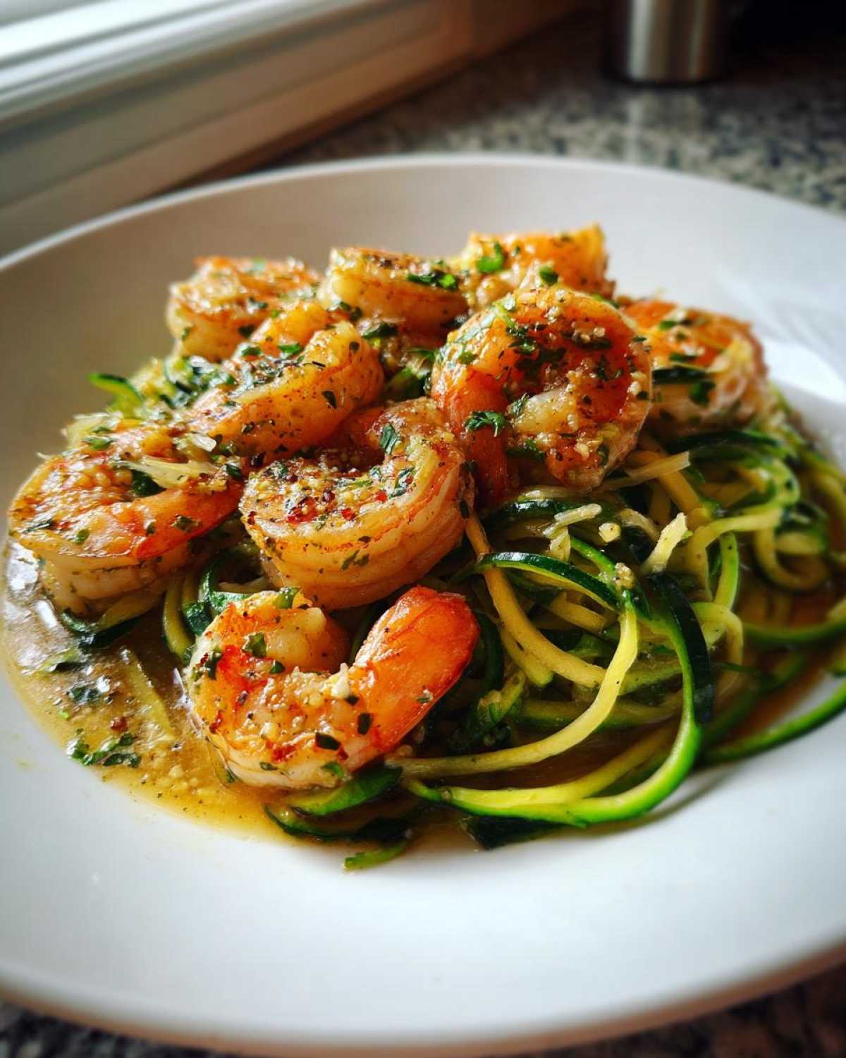 Close-up of Keto Shrimp Scampi Zucchini Noodles, featuring plump shrimp in garlic butter sauce over spiralized zucchini.
