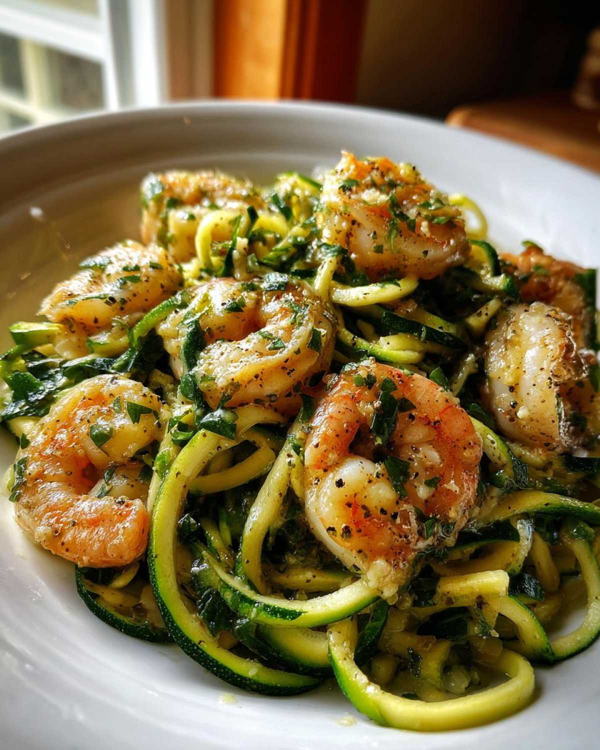 A close-up serving of Keto Shrimp Scampi Zucchini Noodles, featuring plump shrimp and spiralized zucchini tossed in a garlic butter sauce.