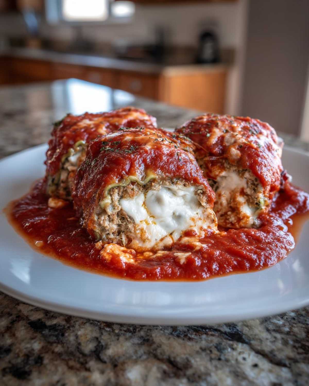 Close-up of three Keto Zucchini Lasagna Roll-Ups covered in marinara sauce and melted cheese.