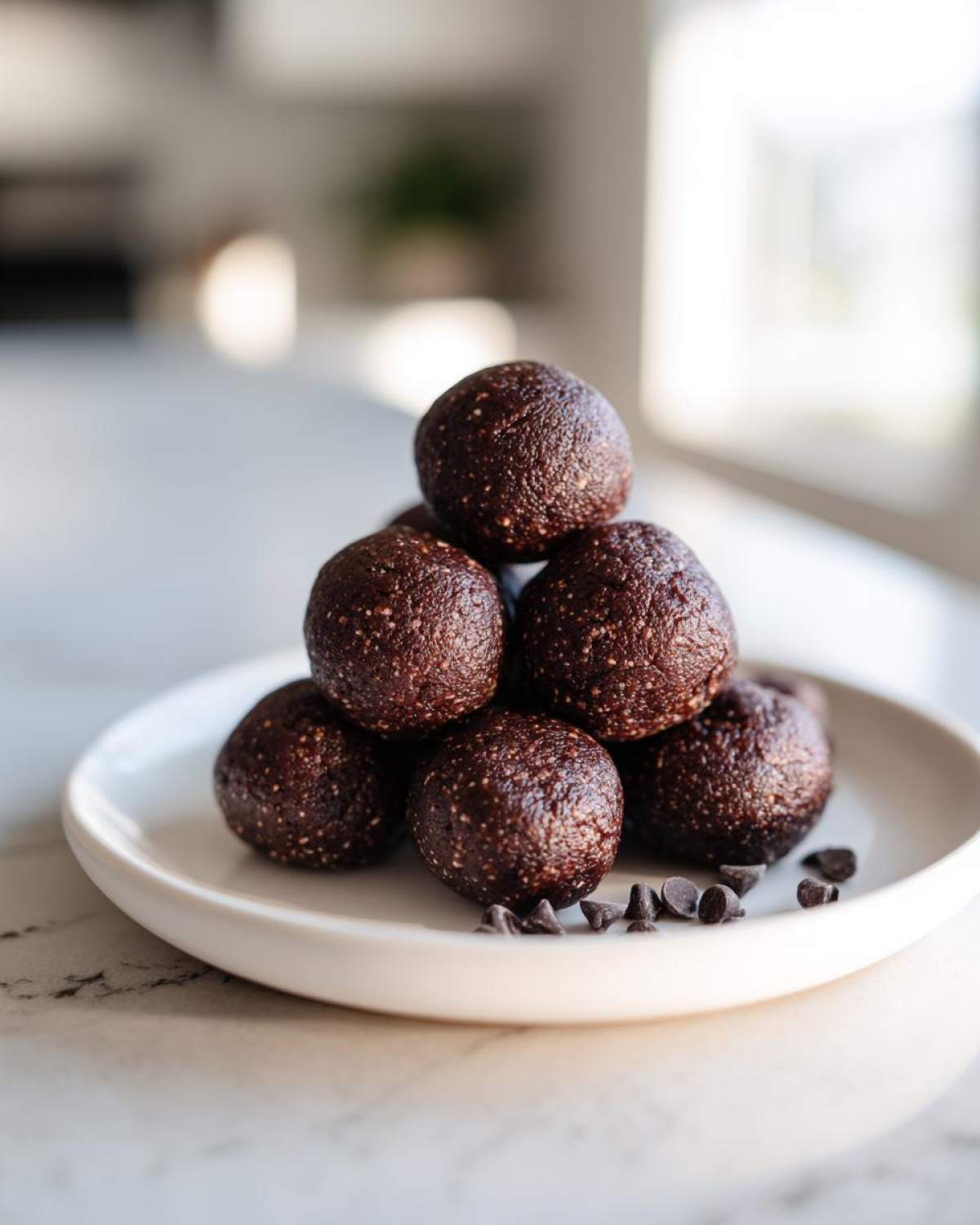 A stack of rich, dark No-Bake Brownie Batter Protein Balls on a white plate with chocolate chips.