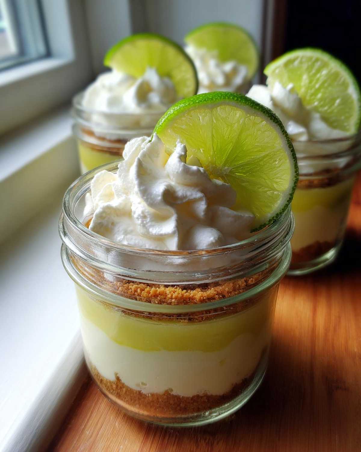 Close-up of No-Bake Key Lime Pie Jars layered with crust, filling, and topped with whipped cream and a lime slice.